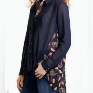 Maeve Anthropologie Navy button up Blouse Contrasting Navy Orange Floral size 12